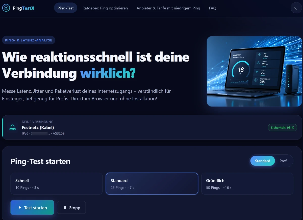 Screenshot von PingTestX mit Auswahl der Testdauer und Schaltfläche zum Starten des Ping-Tests