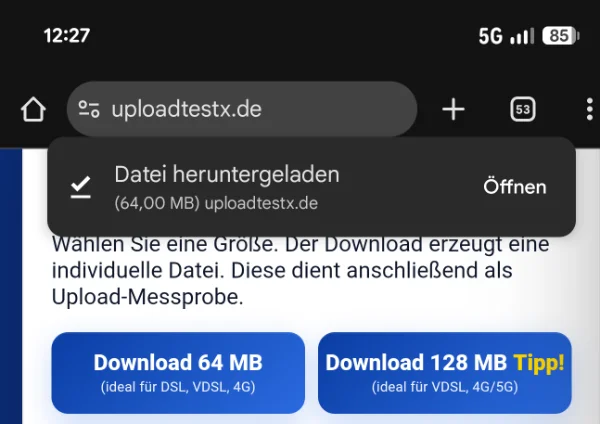 Testdatei 64 MB wurde runtergeladen